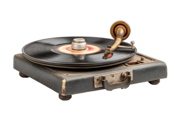 PNG Vintage turntable with vinyl record and antique tonearm on white background