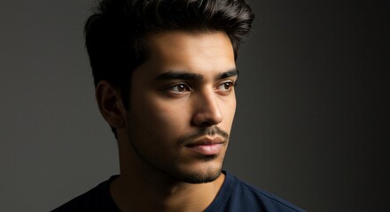 Naklejka premium Portrait of handsome man model with dark hair and stubble looking away studio shot professional headshot