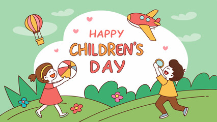 Obraz premium A cheerful fantasy-themed Children's Day illustration featuring two children playing ball in a flower-filled garden, with clouds, airplanes and trees in the background.