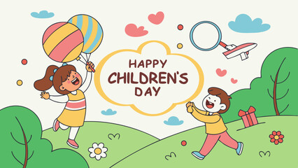 Naklejka premium A cheerful fantasy-themed Children's Day illustration featuring two children playing ball in a flower-filled garden, with clouds, airplanes and trees in the background.