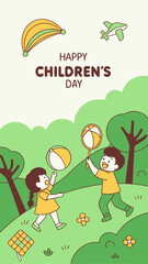 Fototapeta premium A cheerful fantasy-themed Children's Day illustration featuring two children playing ball in a flower-filled garden, with clouds, airplanes and trees in the background.