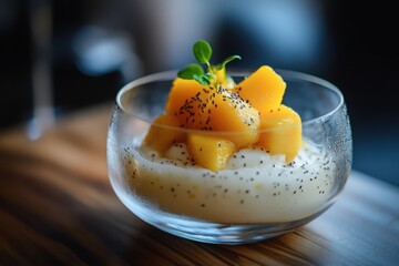 Mango dessert with chia seeds served in a glass bowl. food blogging, recipe ideas.