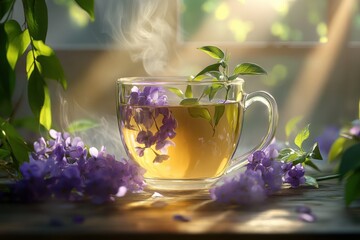 Herbal tea with flowers in a glass cup on a table for relaxation and wellness concepts, for blogs and articles.