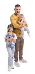 Happy father and his kids on white background