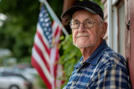 A veteran proudly standing next to an American flag