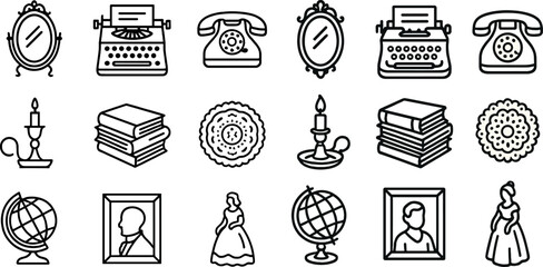 Vintage items collection: typewriter, telephone, globe, mirror, and more