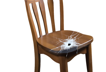 Broken wooden chair isolated on a transparent background, showing detailed cracks and damage, suitable for furniture restoration concepts or vintage design themes
