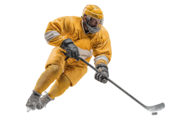 PNG Male athlete in yellow uniform playing ice hockey with intensity