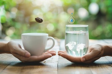 a man choosing between a cup of coffee on one hand and a glass of water on the other