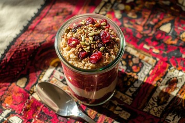 Layered breakfast jar with oats, seeds, and cranberries on a colorful fabric, for healthy eating, food blogging, and recipe sharing