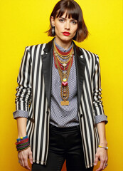 Stylish Woman in Striped Blazer and Statement Necklace, Bright Yellow Background, Fashionable Look, Unique Accessories, Bold Style