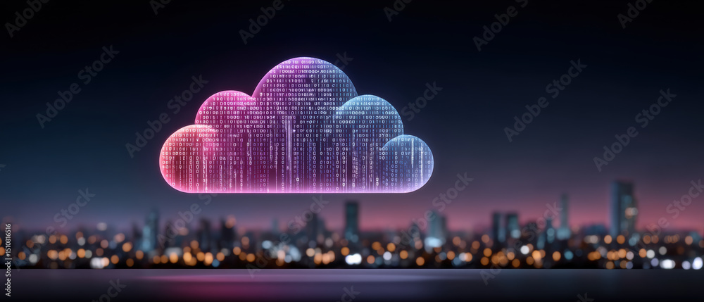 Poster cloud with digital binary code floats over cityscape night showing data tariff concept futuristic st