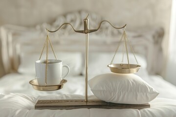 cup of coffee and a pillow, sleep balance, scales with a cup of coffee on one side and a pillow or sleep icon on the other, showing the need to limit caffeine intake before bedtime