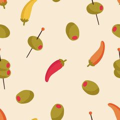 Italian Aperitif Seamless Pattern - Textile Design with Olives and Chili Peppers