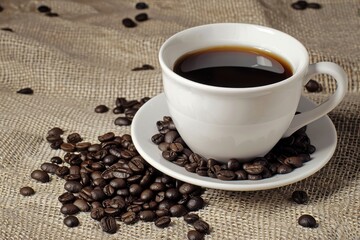 cup of delicious coffee and coffee beans