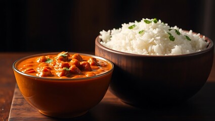 Delicious butter chicken curry with rice bowl indian cuisine food photography recipe and serving concept