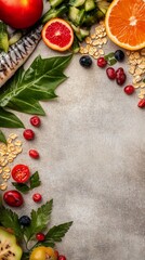Fresh ingredients like fruits, vegetables, and herbs arranged artfully on a textured gray surface, perfect for recipe inspiration or healthy meal planning photos.
