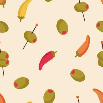 Italian Aperitif Seamless Pattern - Textile Design with Olives and Chili Peppers
