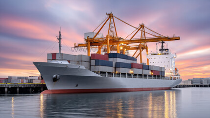 Fototapeta premium Container ship docked at port with cranes loading cargo under colorful sky showing tariff impact on global trade and shipping industry