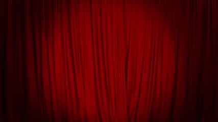 A realistic curtain of red fabric with folds closes on the black screen. The theater curtain. Animation in 4K 3D format