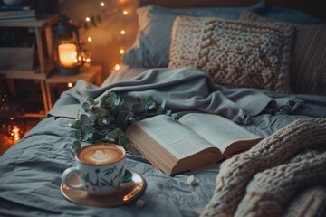A relaxing bedroom setting with a cozy bed, warm lighting and objects that symbolize a good sleep pattern, a book, tea, sleep patterns