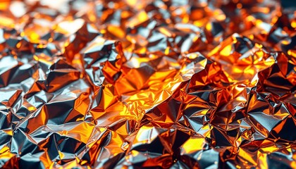 Crumbled aluminum foil reflects a warm glow, showcasing intricate textures and patterns