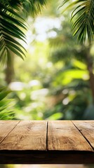 A serene tropical landscape featuring lush green foliage surrounding a rustic wooden table, perfect for showcasing products or creating inviting natural themes.
