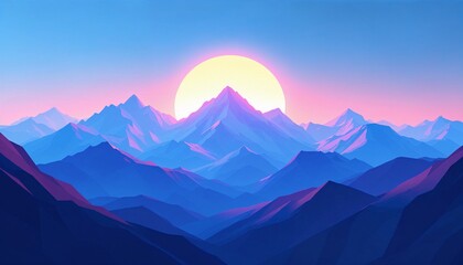 Vivid low poly landscape featuring digital mountains at sunrise with vibrant colors and geometric shapes