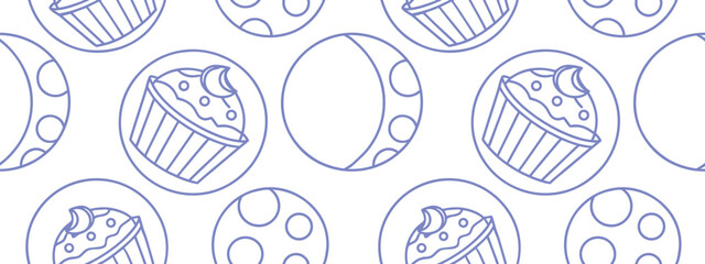 Seamless outline pattern featuring cupcakes with crescent moons and stylized planets in circles. Fun and whimsical dessert-themed cosmic design perfect for kids, wrapping paper, or textiles.