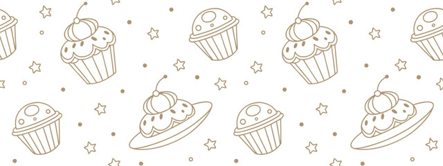 Cute seamless pattern with cupcakes and UFO desserts surrounded by stars. Ideal for playful bakery packaging, sweet shop branding, or kids’ party . Light brown line art design.