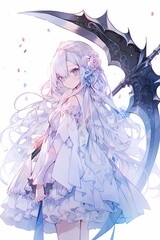 Long haired character in white dress holds scythe, anime style.