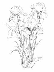 Anime line art of three irises with intricate details.