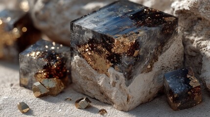 Polished gemstone cubes with gold inclusions on natural stone background