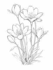 Three unique flowers with intricate petals, fine lines, white background, delicate details