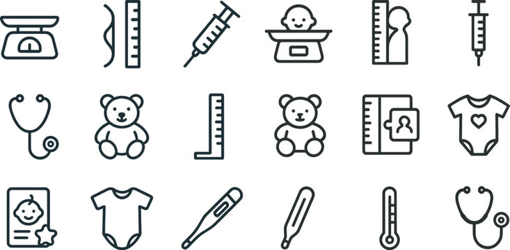 Baby care and health icons set for pediatric design and parenting resources