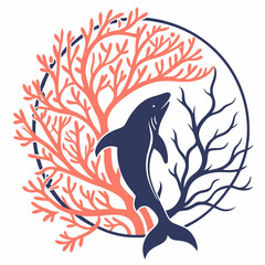 Shark Silhouette with Coral Reef in Circle Frame Marine Illustration