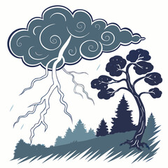 Stylized Illustration of a Stormy Landscape with Lightning and Trees