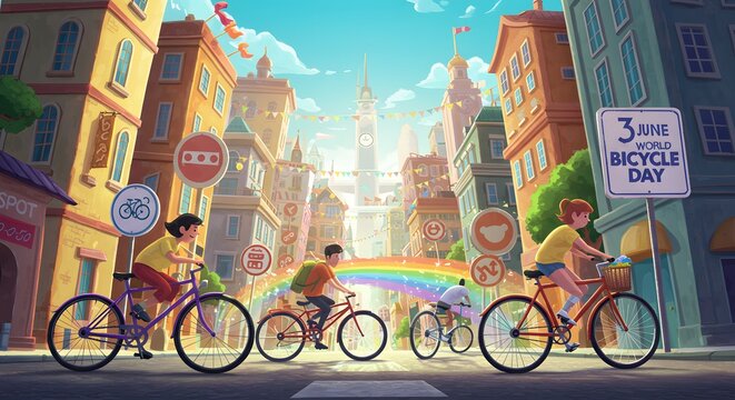 Illustration of people riding bicycles in a city celebrating bicycle day event - Powered by Adobe