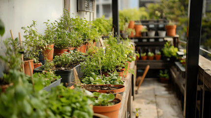 Urban Rooftop Garden with Potted Herbs and Plants