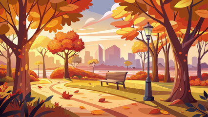 Sunlit Autumn Park Landscape With Fallen Leaves