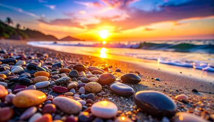 Matahari Terbenam Berwarna-warni di Pantai Tropis dengan Pantulan Kerikil, Colorful Sunset Over Tropical Beach with Pebble Reflection