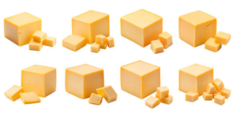 Collection of various A whole block of cheddar cheese with a few slices next to it, showcasing its smooth and rich orange texture isolated on white transparent background PNG set