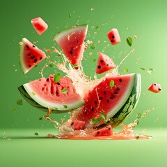 Bursting watermelon splash on a green background