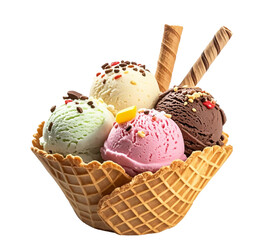 crispy golden waffle texture and various flavors of ice cream on a white background