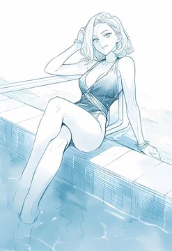 Smiling young woman sitting on edge of blue pool, swimsuit, bracelet, short bob, bare feet, anime illustration.
