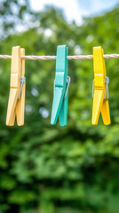 Vibrant Rubber Cleaning Gloves Hung on Clothesline Outdoors for Home Cleaning and Eco Friendly Marketing Imagery