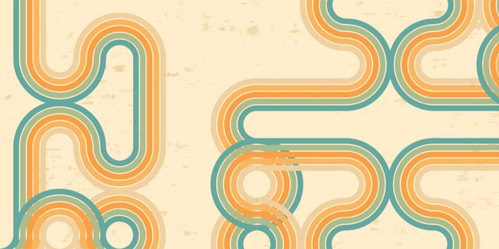 Abstract background of rainbow groovy Wavy Lines design in 1970s Hippie Retro style. Vector pattern ready to use for cloth, textile, wrap and other.