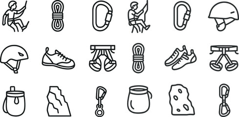 Essential rock climbing gear icons for outdoor adventure and safety