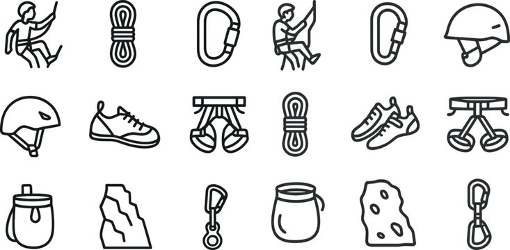 Essential rock climbing gear icons for outdoor adventure and safety