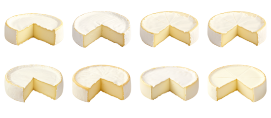 Collection of various A round of brie cheese with a slice taken out, highlighting its soft, creamy texture and white edible rind isolated on white transparent background PNG set